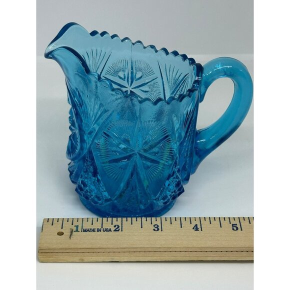 VTG Kemple Glass Yutec Fan & Star Blue Creamer Pitcher Sawtooth Edge MCM - Picture 6 of 8